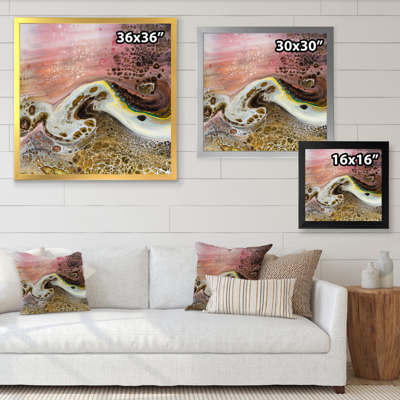 Art liquide blanc avec vagues roses et jaunes - impression sur toile moderne, H 30 po x l 30 po x P 1 po, Cadre photo blanc