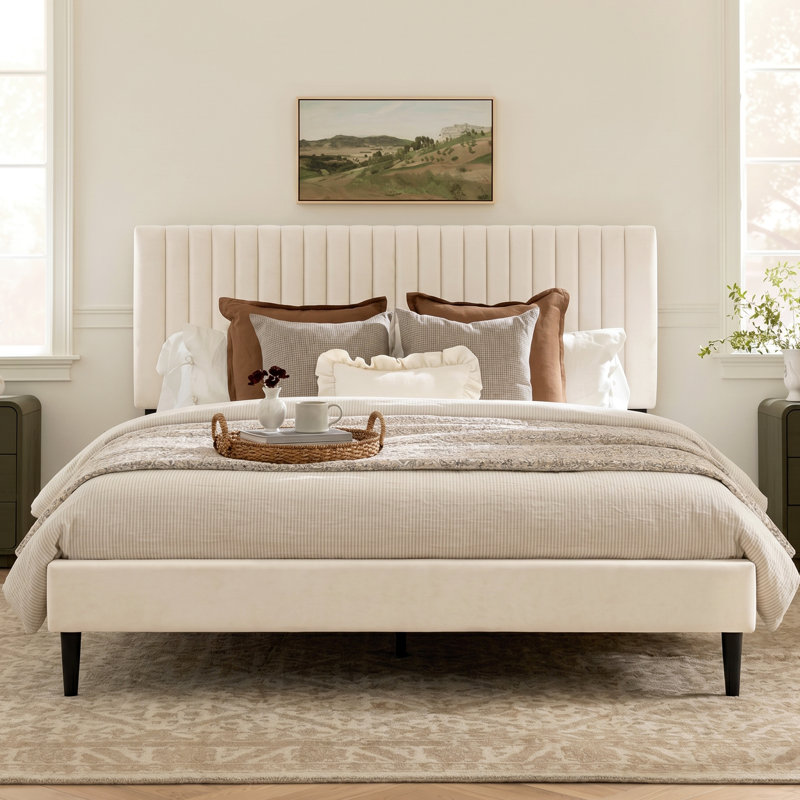 Structure de lit tapissier en velours avec tête de lit ajustable Dravos Modern, Beige, King