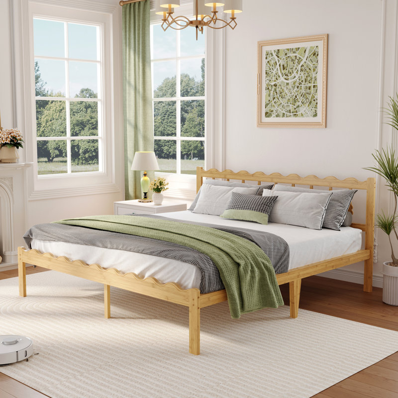 12'' Solid Wood Bamboo Platform Bed Frame with Wavy Headboard, Metal Slats, No Box Spring Needed, King, 12"