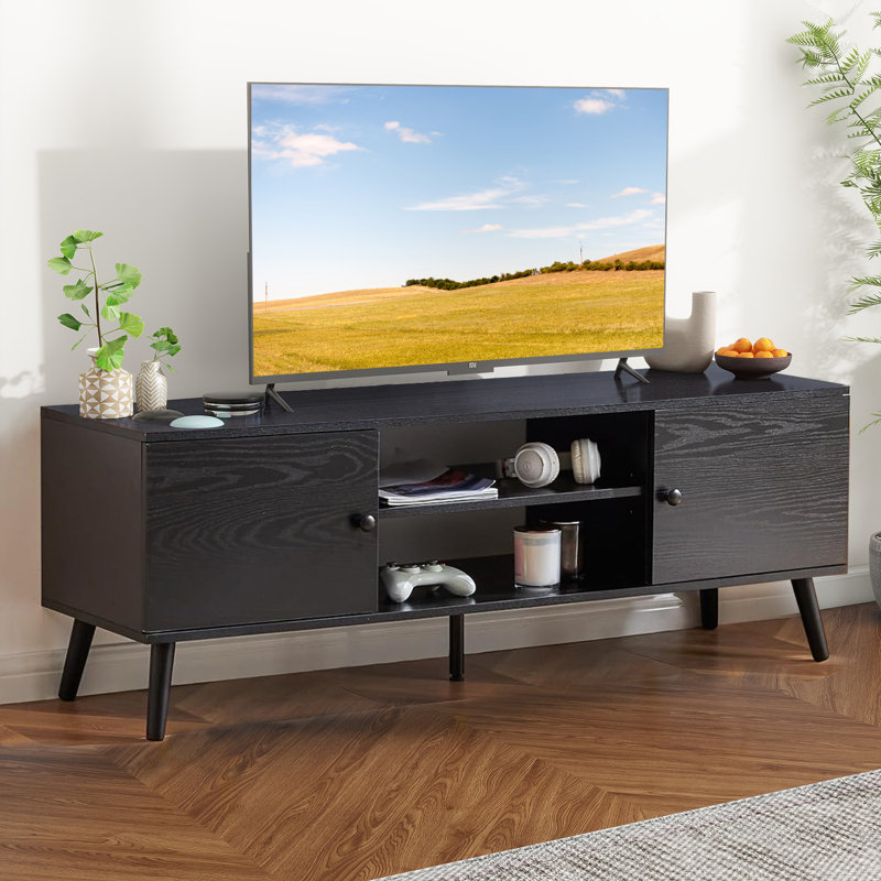 Meuble télé 65 po avec tablettes réglables et armoires, Noir