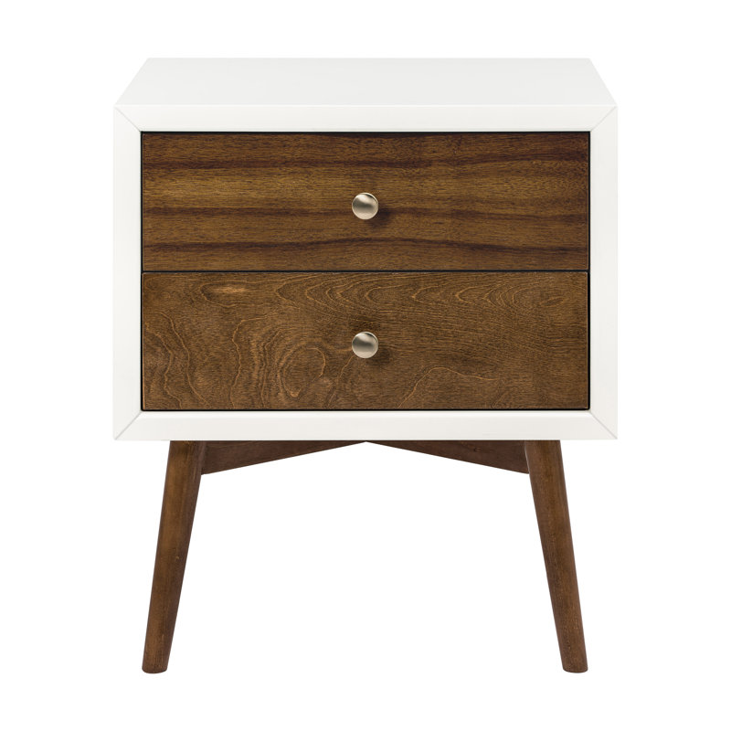 Palma Mid-Century Modern 2-Drawer Warm White/Walnut Nightstand with USB Port