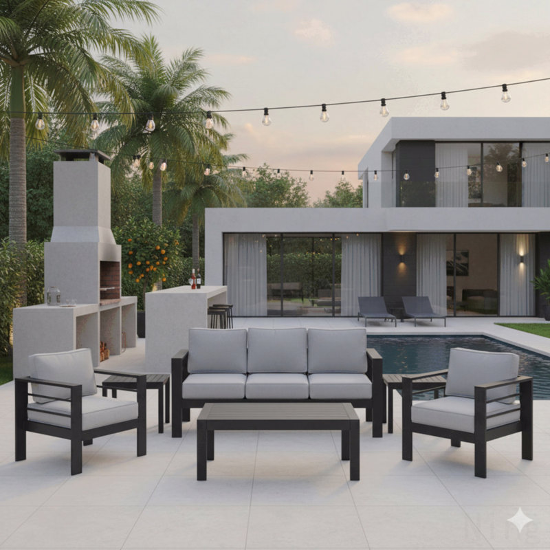 All-Weather 5-Piece Modern Metal Patio Furniture Set,  7-Seat Conversation Sofa With Thick Light Gray Cushions & Black Frame And Coffee Table