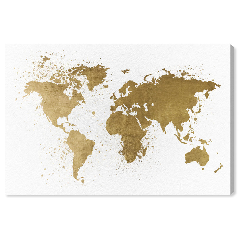 Carte du monde dorée, cuir, Continents métalliques, éclaboussures, blanc moderne - impression, Toile tendue
