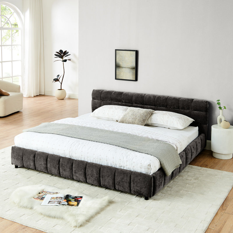 Très grand lit moderne gris foncé avec tiroir et côtés en tissu d'ameublement en chenille douce, Gris foncé