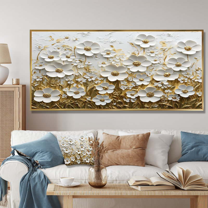 Moriani - Floral Wall Art, H 28 po x l 60 po, Impression encadrée flottante, Doré