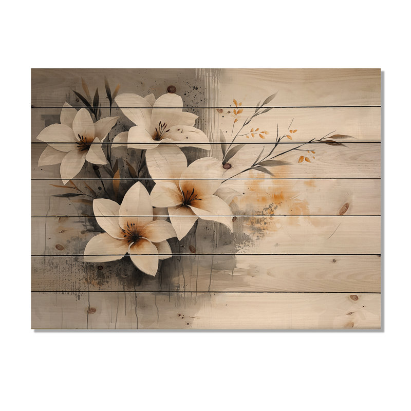 Jardin blanc or lys I - Art mural en bois de lys - sur bois de pin naturel, H 10 po x l 20 po x P 0,78 po