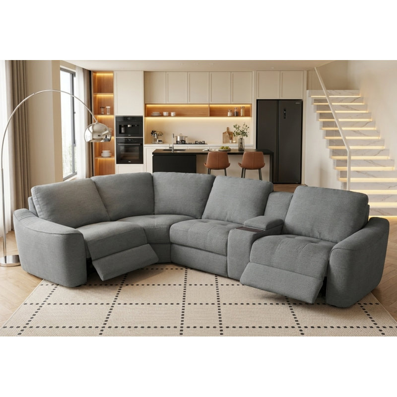 Luxurious 5-Piece Electric Power Reclining Sectional Sofa With Hidden Storage & Wireless Charging, Dark Gray Polyester Blend