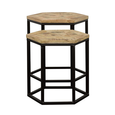 Geometric 2 Nesting Tables With Natural And Black Mango Wood Tops Iron Frames For Primary Living Area Stylish Hexagonal Metal Room