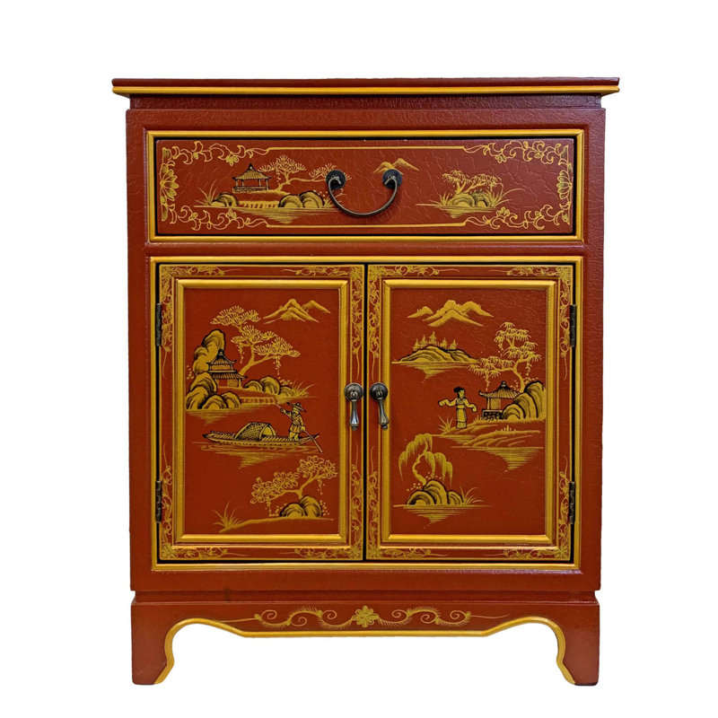  30 "H. Armoire à chaussures asiatique, paysage peint à la main sur rouge antique.