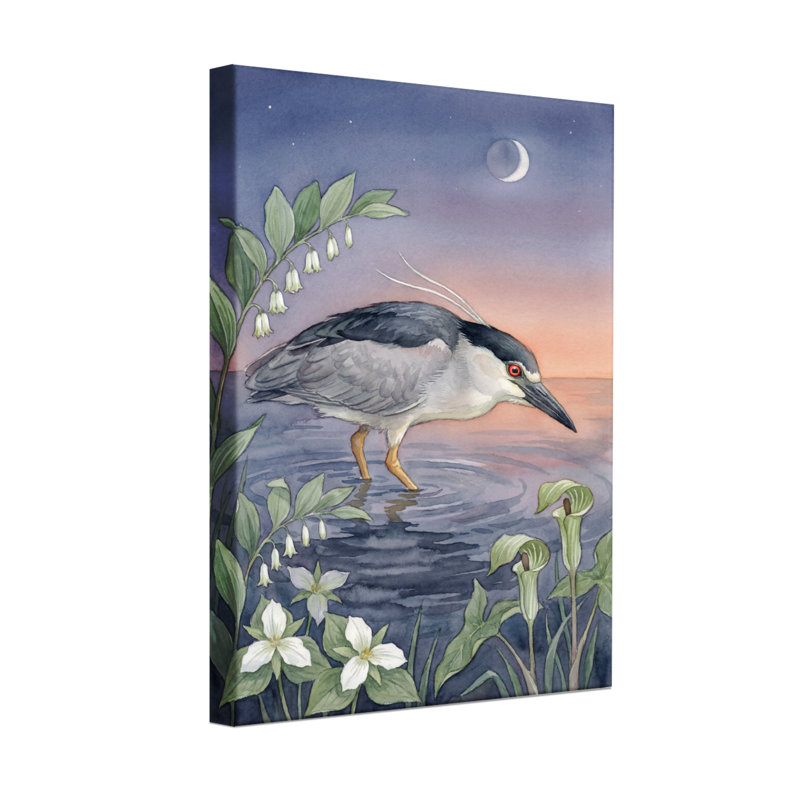 Animaux, nuit, héron, lune, fleurs d'eau, plantes, ciel, H 40 po x l 28 po