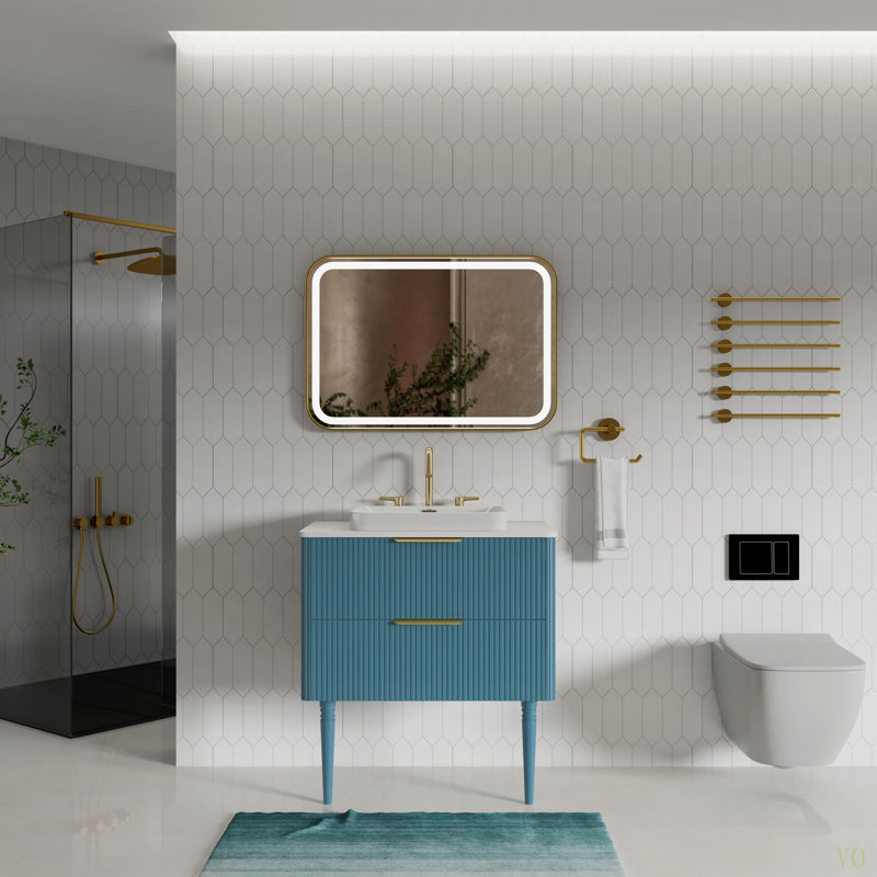 Meuble-lavabo 30 po rayé aigue-marine avec lavabo en céramique, meuble-lavabo autoportant pour salle de bain moderne, pré-assemblé