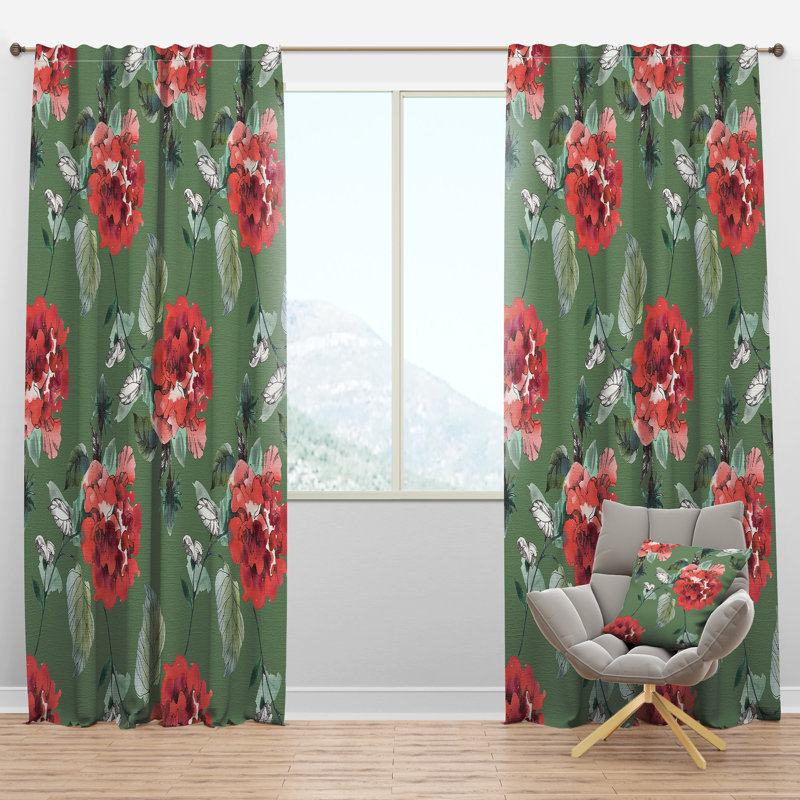 Fleurs rouges en vert - Rideau en velours de ferme - obscurcissant - 1 panneau, l 52 po x L 108 po, Vert