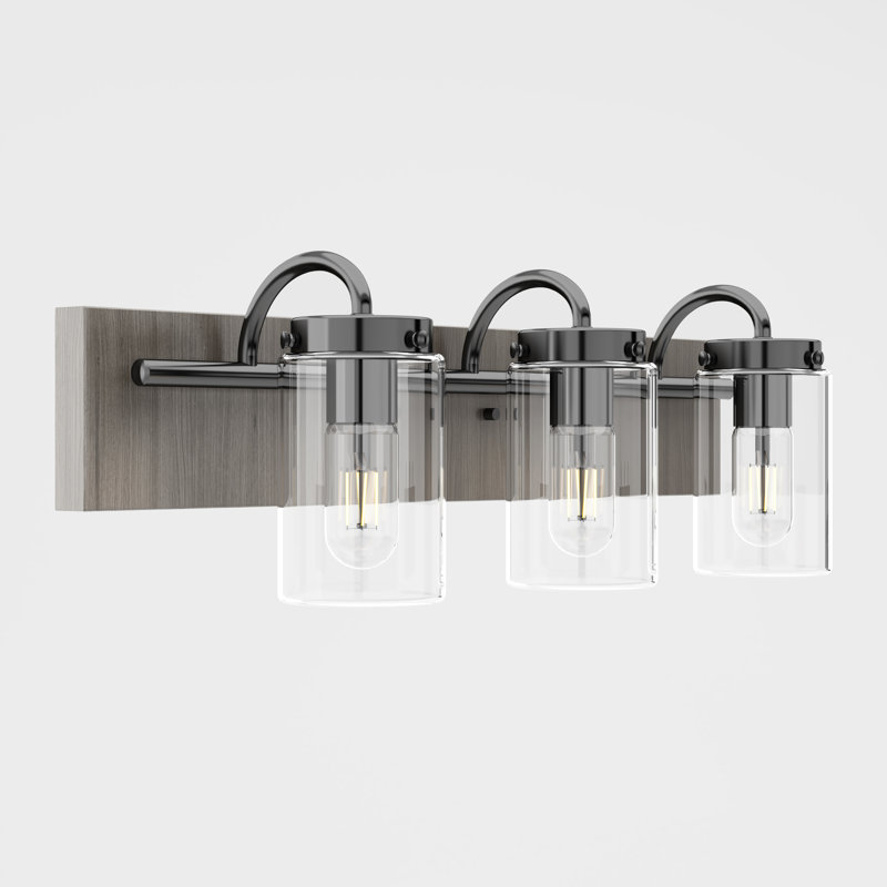 Laarous 24 in. 3-Light Modern Dimmable Vanity Light in Matte Black & Vintage Oak with Clear Glass Shade