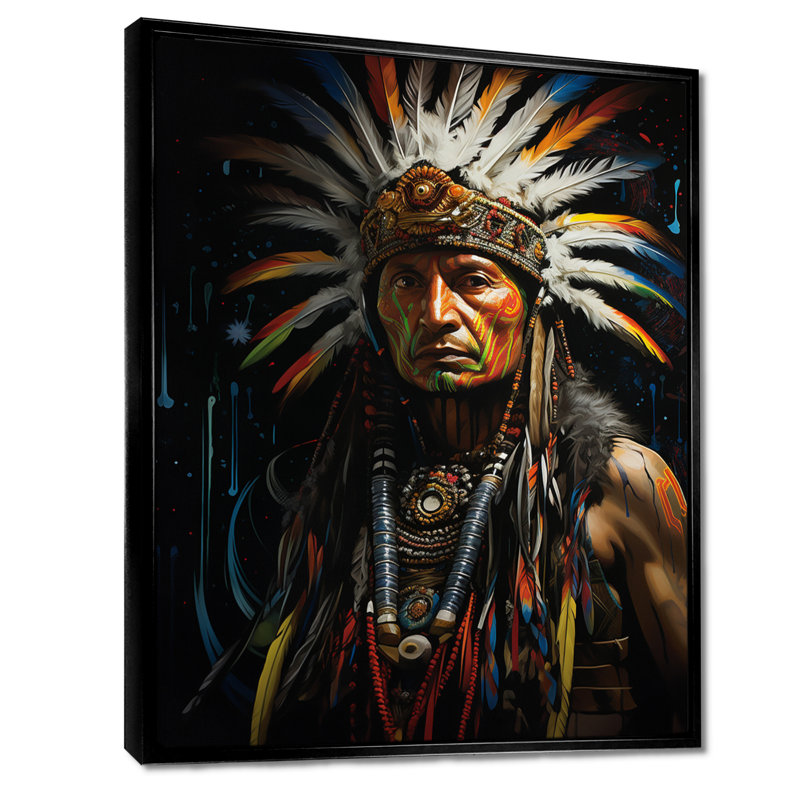 Décoration murale indienne chef indien avec coiffe en plumes, H 20 po x l 12 po x P 1 po, Toile avec cadre flottant noir