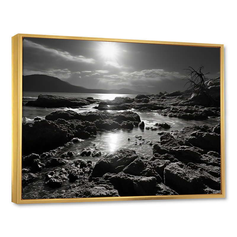 Plage rocheuse noire et blanche sur toile, H 30 po x l 40 po x P 1,5 po, Cadre flottant doré