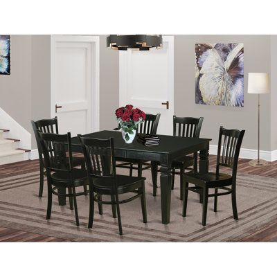 7 Piece Dining Table Set Consist of a Rectangle Dining Room Table with Butterfly Leaf and 6 Wooden Seat Chairs, Black