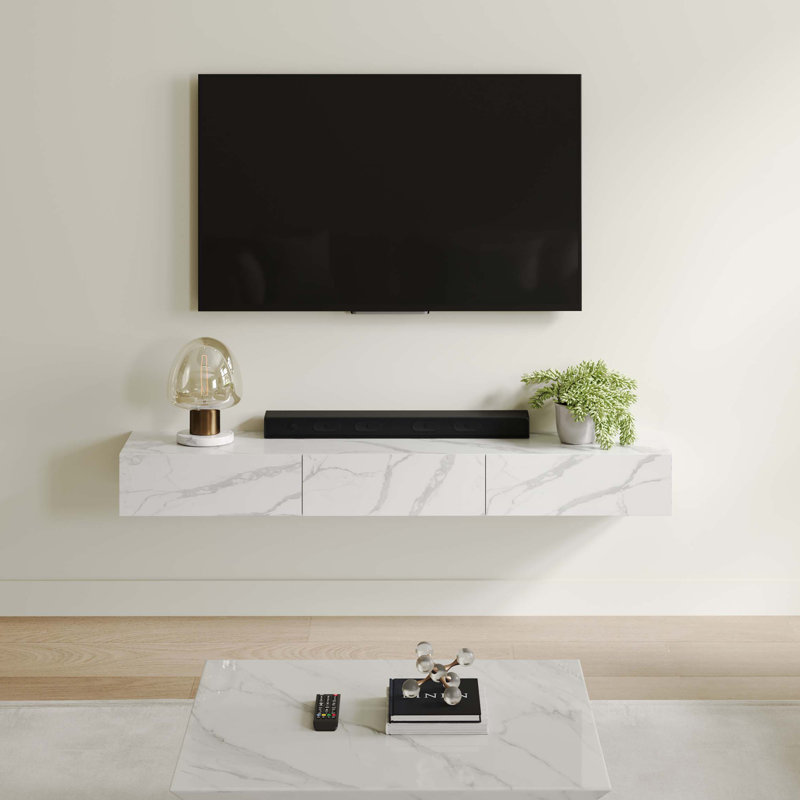  Floating TV Stand, Entertainment Center with Drawers, Solid Wood, Fully-Assembled, White, 70.87"