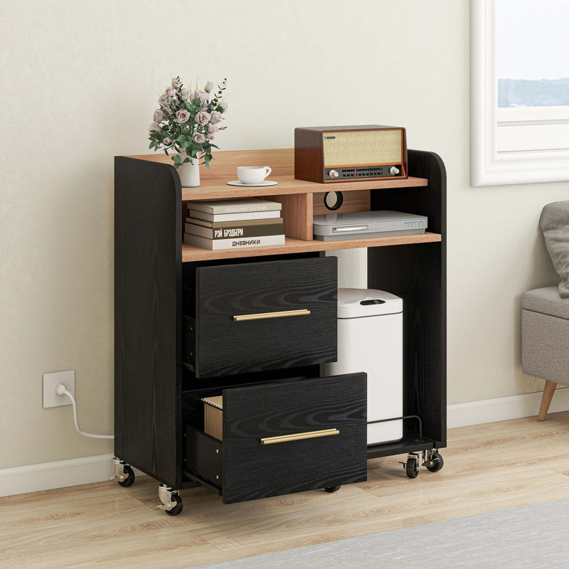 Classeur l 35 po Asharra avec prises de courant, 2 tiroirs et support pour imprimante, Noir
