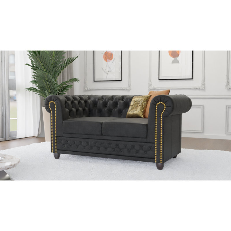 Chesterfield Friedrich 2 Seater Sofa Made of Vintage Look Microfibre with Solid Wood Legs, Anthracite
