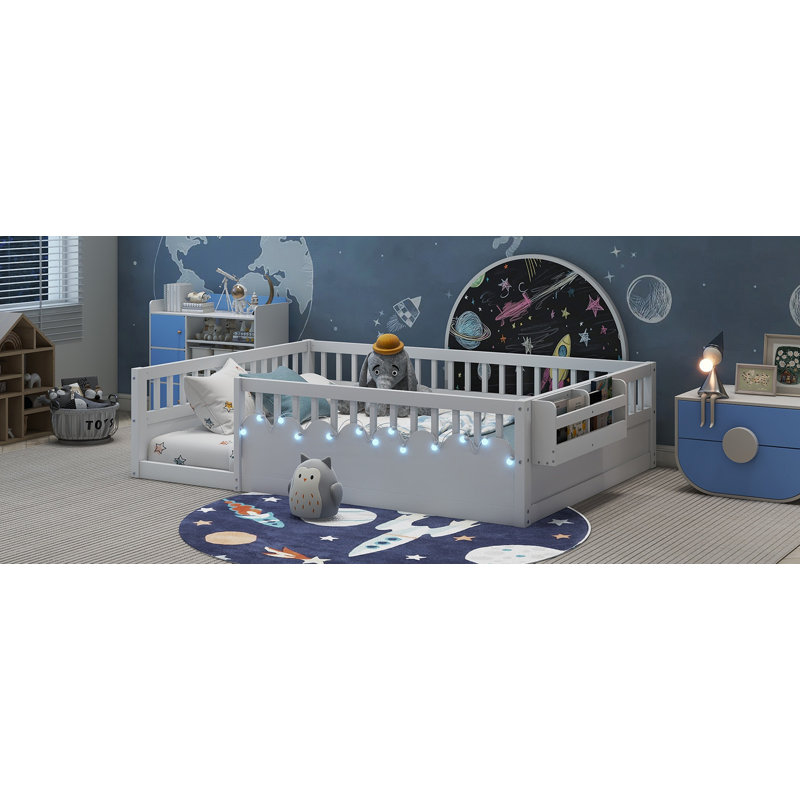 Rivvi Montessori Floor Bed With High Guardrails, LED Light And Storage Shelf, Full, White
