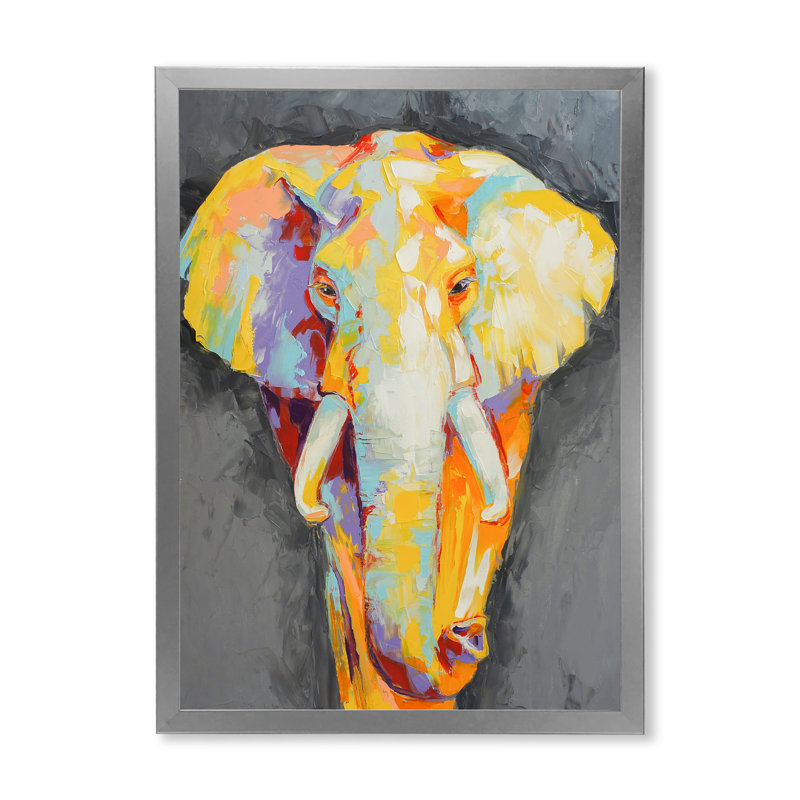 Peinture, portrait d'éléphant II - œuvre d'art moderne sur toile, H 20 po x l 12 po x P 1 po, Toile avec cadre photo argenté