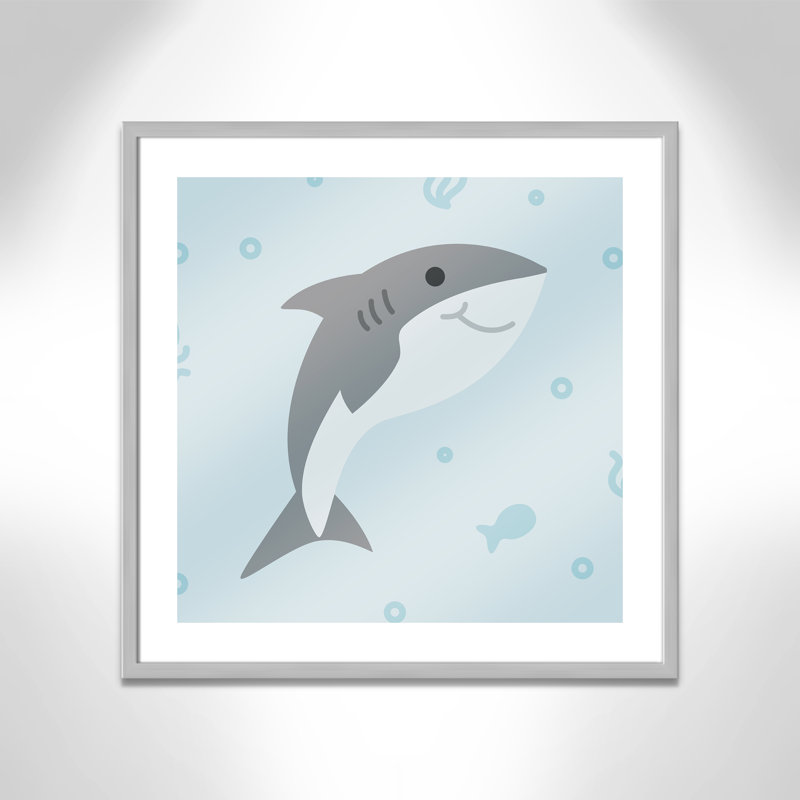 «Happy Shark», impression sur papier, H 22,5 po x l 22,5 po x P 1,18 po, Encadré de boîte argent
