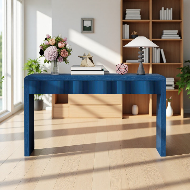 Console rustique avec 3 tiroirs cannelés, Marine