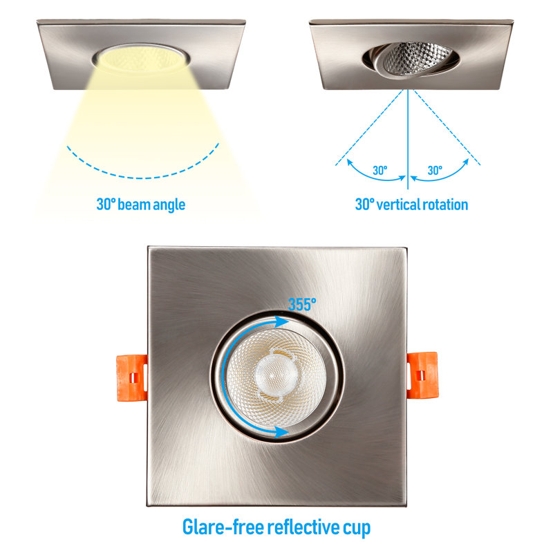 Luminaire encastré à DEL à cardan de 3 pouces avec boîte en J, éclairage carré à intensité variable, lumière du jour 5000K, nickel satiné
