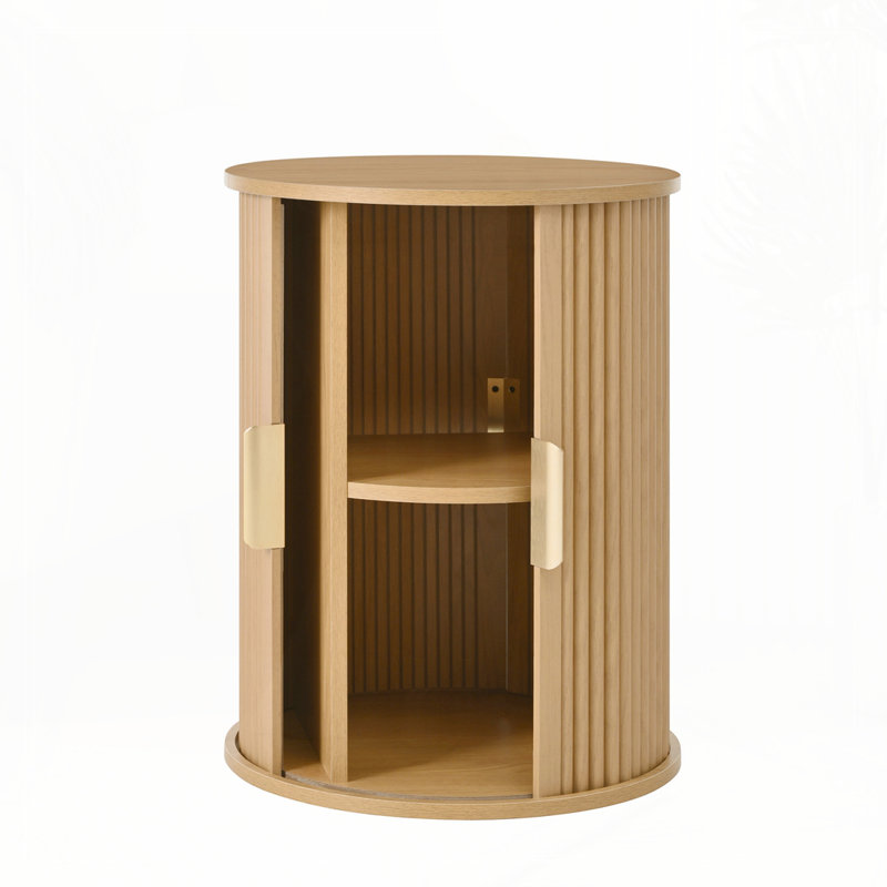 Ensemble de tables basses avec porte tambour coulissante, table de bout ronde cannelée avec rangement, Naturel