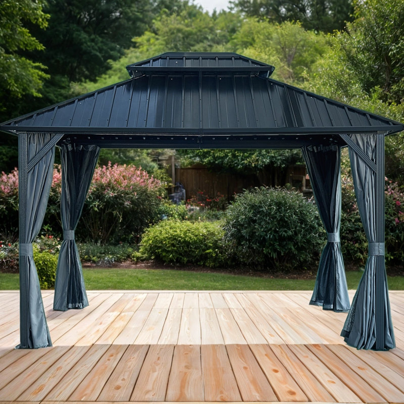 Galvanized Steel Double Roof Gazebo 10'x10'/10'x12'/12'x12'- Sturdy Aluminum Frame with Netting & Curtains for Lawn, Patio, Backyard
