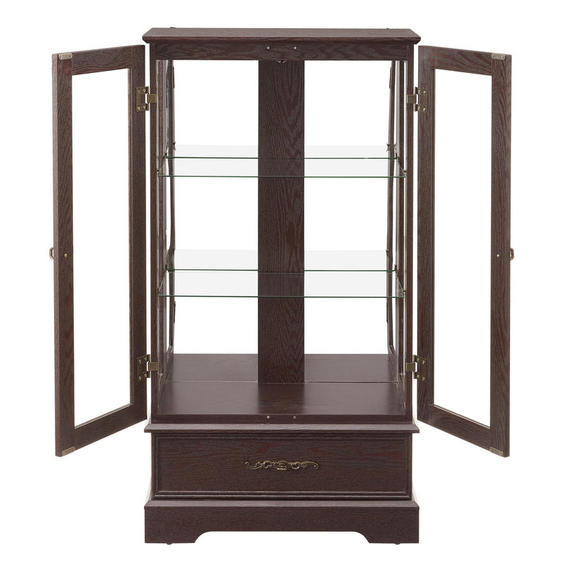 Lighted Curio Cabinet - Glass Display with 2 Doors, 1 Drawer & Adjustable Glass Shelves, Bulb Included, Cherry