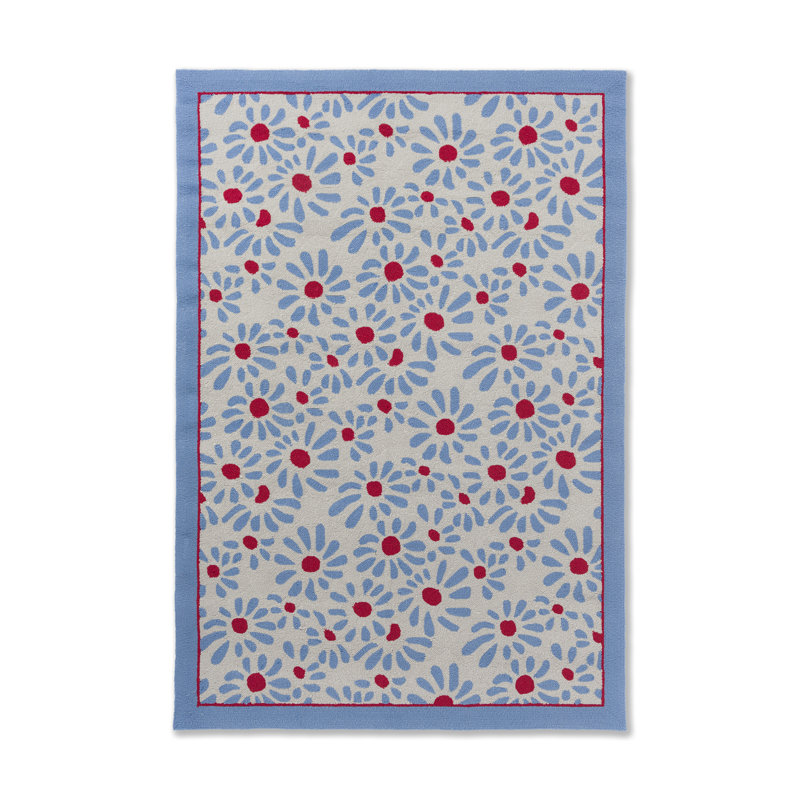 Tapis intérieur / extérieur en polypropylène crocheté à la main rectangulaire bleu / blanc, Rectangle 4 pi 7 po x 6 pi 7 po