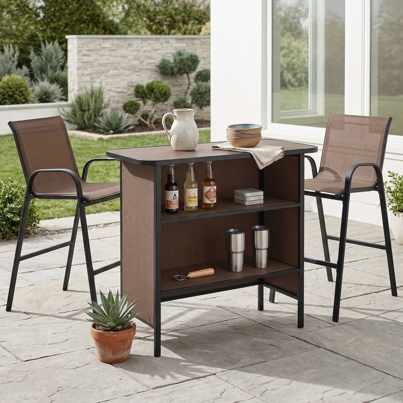 3-Piece All-Weather Outdoor Bar Bistro Set, 2 Bar Stools With Stable Non-Slip Footrest, 1 Bar Table With 2-Tier Storage Shelf, Rust-Proof Reinforced Frame Suitable For Patio Bar, Backyard