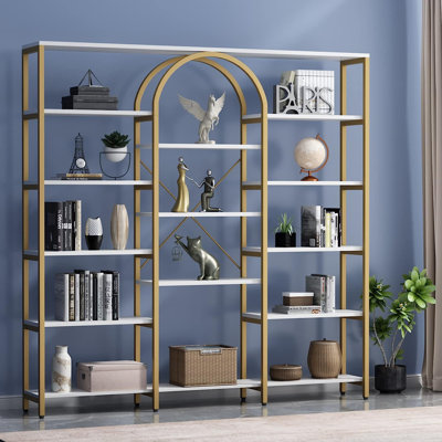 Doraine Triple Wide Gold Bookshelf, 70.87" W x 71.34" H Large Modern Etagere Bookcase