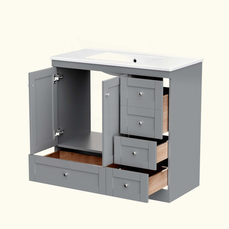 Meuble-lavabo autoportant de style Shaker avec lavabo en céramique, 4 tiroirs et 2 portes, Gris