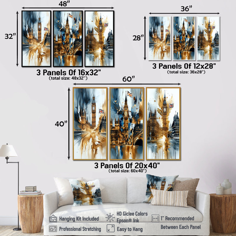 London Big Ben Glow On Gold I - City London Wall Ar Wall Art Collection, H 32 po x l 48 po, Impression encadrée flottante