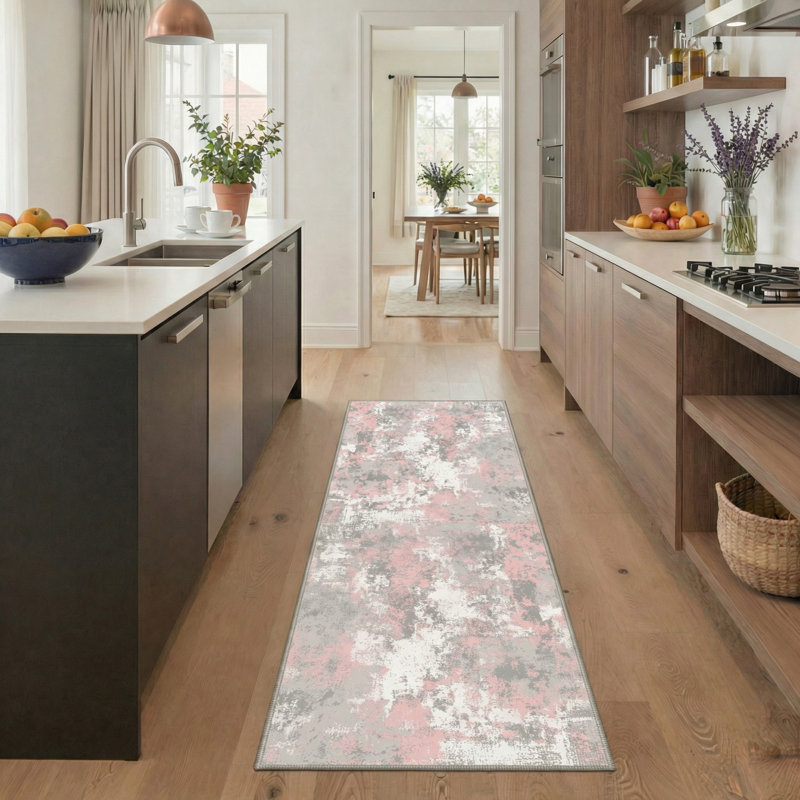 Soft Modern Pink and Grey Area Rug Washable Non Slip Low Profile Carpet for Living Room Bedroom Hallway, Runner 2'3" x 6'