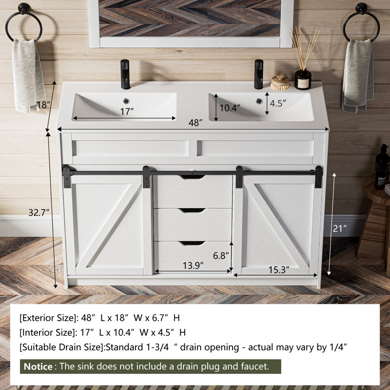 Meuble-lavabo à double cuve 48 po autoportant avec porte de grange et 3 tiroirs, Blanc
