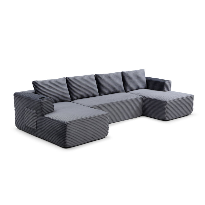 Grand canapé modulaire en forme de U sans dossier de 132 po avec méridienne, siège modulaire en forme de U avec siège profond, canapé confortable avec pochettes et poche latérale, gris, sans assemblage requis - gris