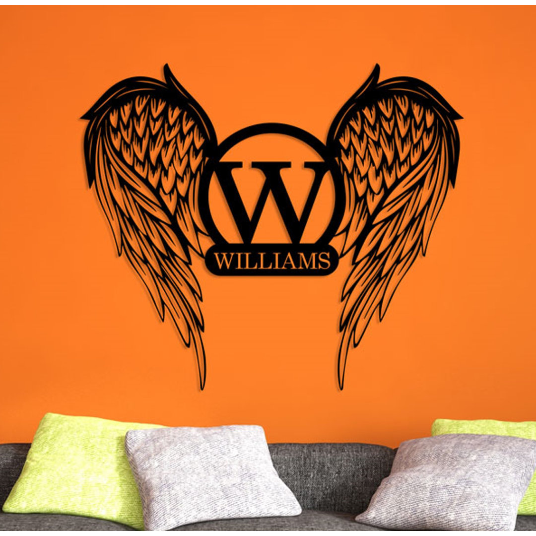 Family Name Sign Metal Wall Décor, Custom Text On Angel Wings Metal Art, Personalized Hanging Décor Trinx 