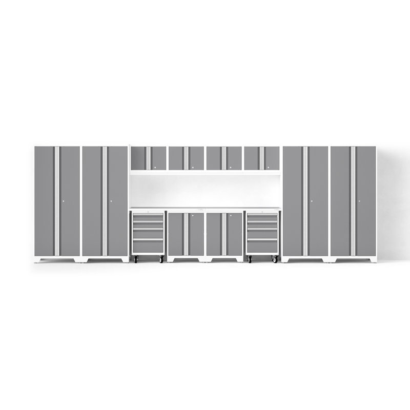 Ensemble de 14 armoires de garage Bold XL Series Platinum avec outil, base, armoires murales, plan de travail en acier inoxydable et Casiers