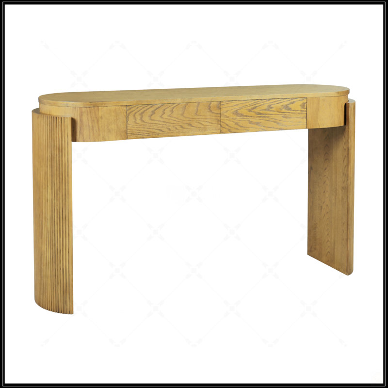 Natural Wood Grain Entryway Table With Fluted Legs, Oval Top And 2 Drawers For Stylish Storage And Display, Pine Wood