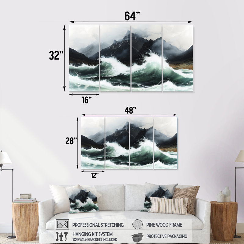«Stormy Seas Mountain Landscape I», ensemble d'art mural sur toile, H 32 po x l 64 po