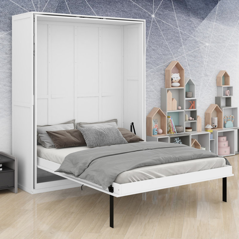 Lit escamotable avec supports de rangement cachés pour le bureau personnel, Blanc