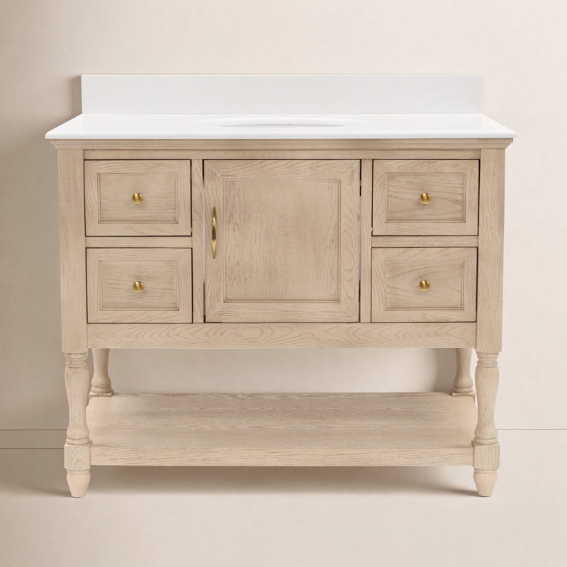 Hampton 42" Single Bathroom Vanity Set, Engineered White, Greige Oak