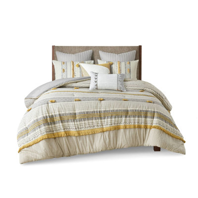 3 Piece Cotton Comforter Full/Queen Gray/Yellow, Stripe Design With , Fill, , Ravishing Bedding Gray/Yellow Full/Queen, Striped And Trims, Filling,