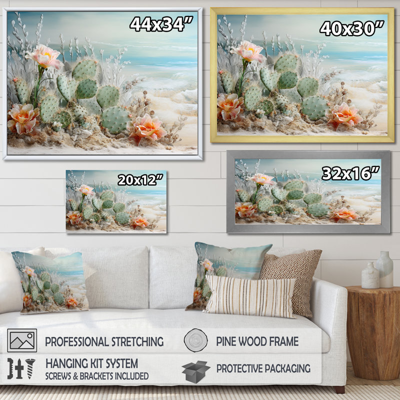 Collage de cactus sur la plage I sur toile, H 12 po x l 20 po x P 1 po, Cadre flottant noir