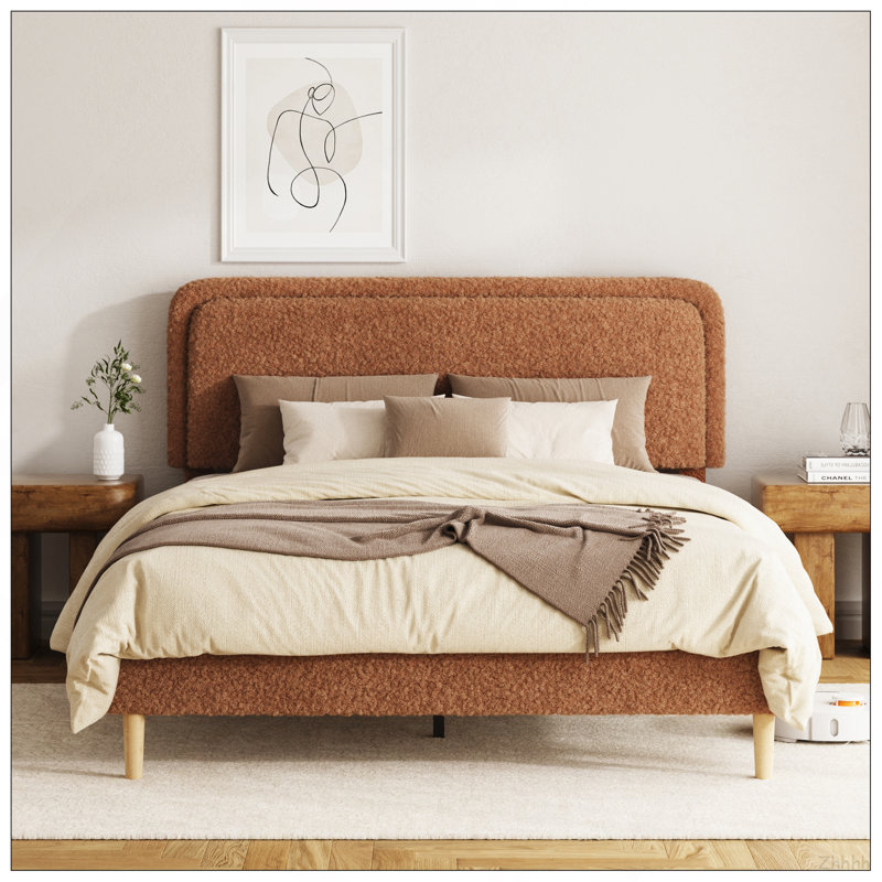 Structure de grand lit, lit plateforme rembourré moelleux avec tête de lit réglable en hauteur, structure robuste et lattes, conception silencieuse, compatible avec les matelas sans ressorts, facile à assembler, brun