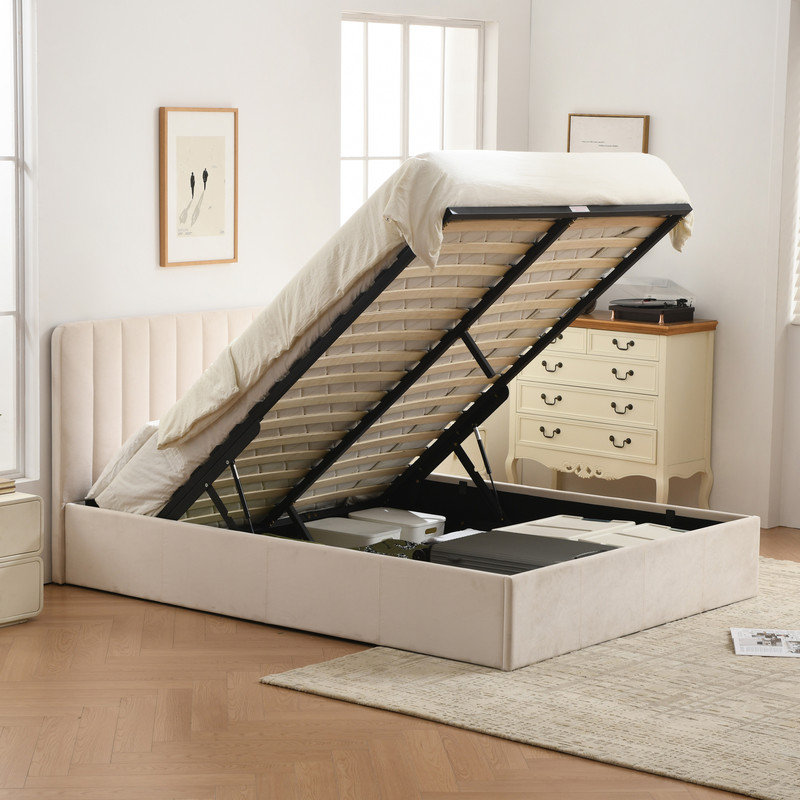 Hydraulic Lift Up Storage Upholstered Platform Bed, Queen, Cream
