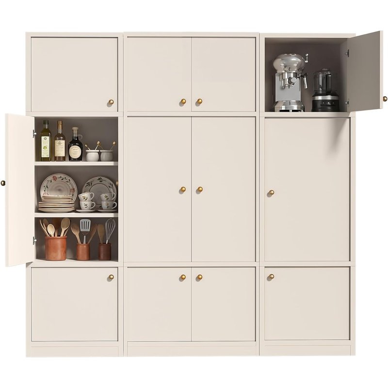 3-Piece Modular Pantry with Pull-Out Drawers & Reversible Doors, White